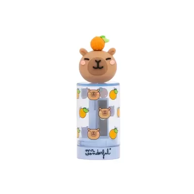 Frasco com decoração de ursinhos e laranjas, tampa com urso e laranja em cima