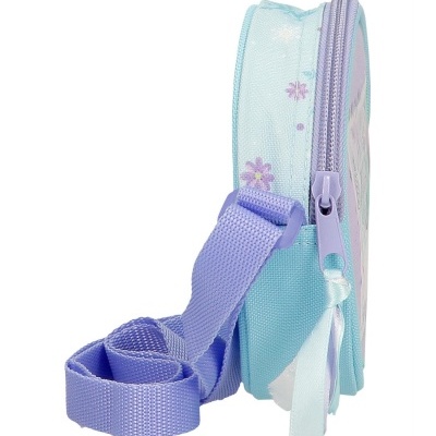 Bolsa azul clara com padrão floral e alça lilás