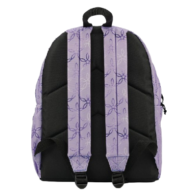 Mochila lilás com padrão floral nas alças e costas negras acolchoadas