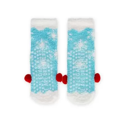 Meias felpudas brancas e azuis com pompons vermelhos e sola antiderrapante