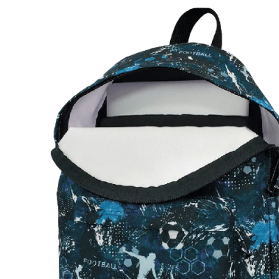 Mochila azul preta com padrão de futebol aberta com interior branco