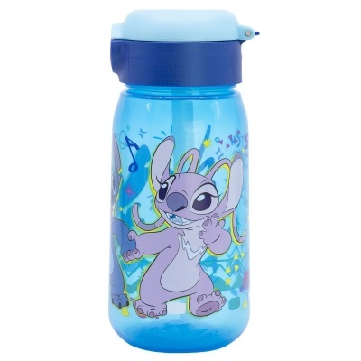 Garrafa plástica azul com personagem Stitch e tampa azul