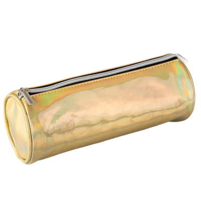 Estojo cilíndrico dourado com fecho de correr