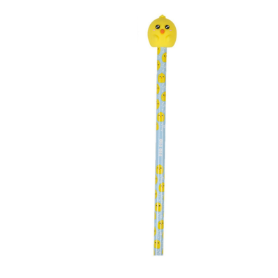 Lápis azul com carinhas amarelas e borracha em forma de cabeça de pato