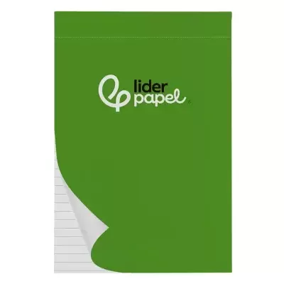 Bloco de notas com capa verde e logotipo lider papel