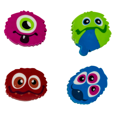 Quatro brinquedos de borracha coloridos em forma de monstros com olhos grandes e bordas onduladas