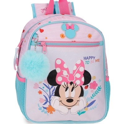 Mochila infantil rosa e azul clara com imagem da Minnie Mouse e pendente de pompom azul