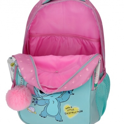 Mochila infantil azul e rosa com personagem e pompom rosa