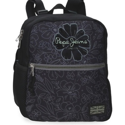 Mochila preta com padrão floral e bordado Pepe Jeans