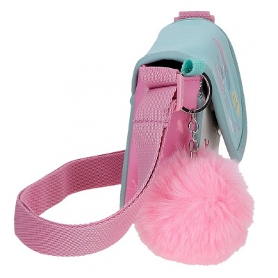 Mala infantil azul clara com alça rosa e pompom rosa