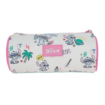Estojo cilíndrico branco com estampas de Stitch e detalhes cor-de-rosa