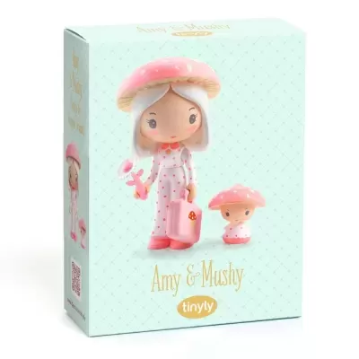 Bonecos Amy & Mushy da tinyly com chapéu de cogumelo rosa e bolinhas cor de rosa