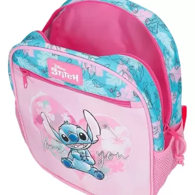 Mochila infantil Disney Stitch rosa e azul com bolso frontal e imagem de Stitch
