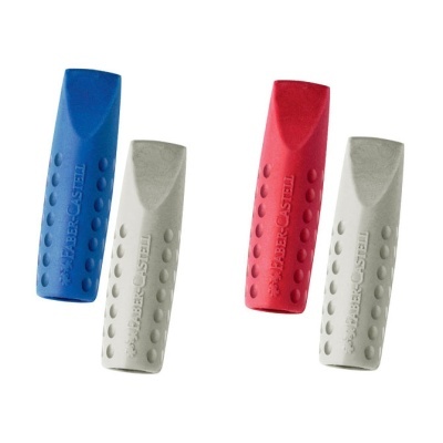 Quatro borrachas Faber-Castell em cinza claro, azul e vermelho sobre fundo branco