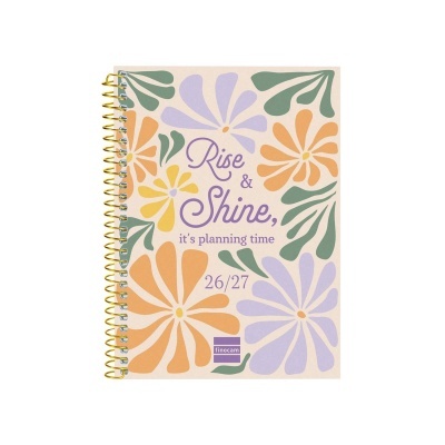 Caderno espiral com capa floral colorida e texto inspirador