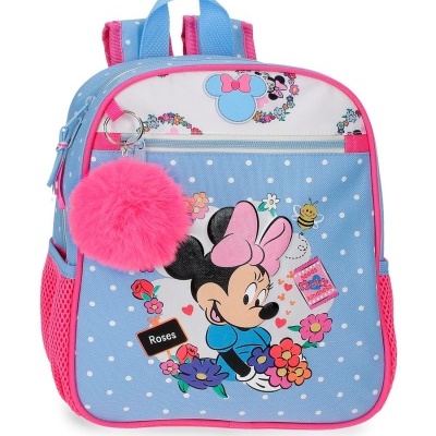 Mochila infantil Minnie Mouse azul com detalhes rosa e flores.