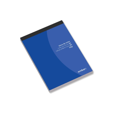 Bloco de notas azul com lombada preta e texto branco