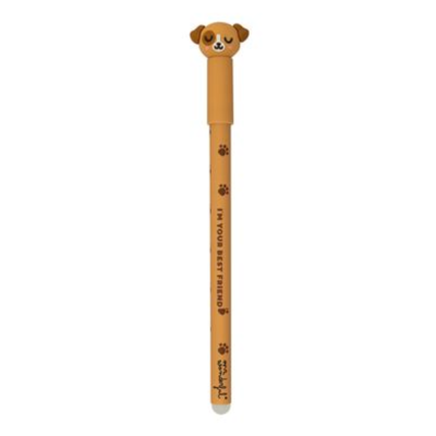 Caneta castanha com tampa em forma de cabeça de cão e texto preto no corpo.