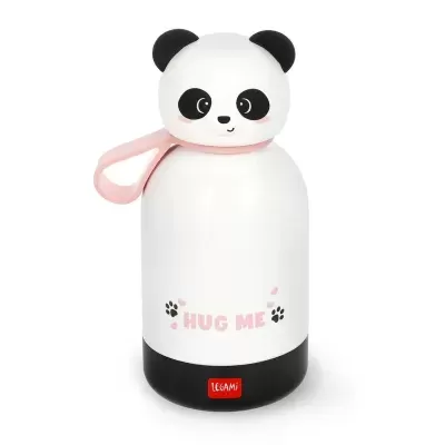 Garrafa térmica branca com design de panda, alça rosa, base preta e texto 'HUG ME'.