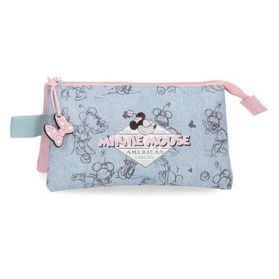 Bolsa estojo Minnie Mouse azul claro e rosa com padrão e texto central