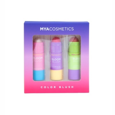 Conjunto de três blushes em bastão MYACOSMETICS BLOOM BLUSH em embalagem colorida