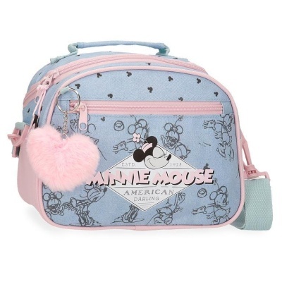 Bolsa azul e rosa com padrão Minnie Mouse e chaveiro cor de rosa em forma de coração de pelúcia