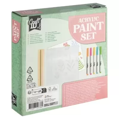 Conjunto de tinta acrílica Craft ID em embalagem verde e rosa com cinco tubos coloridos e estêncil