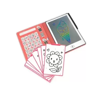 Conjunto de cartas para colorir com desenhos de flores e caixa vermelha com vários pequenos cartões.