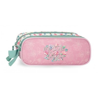 Estojo escolar rosa com frase 'My little garden' e padrão floral