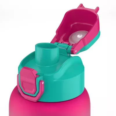 Garrafa desportiva rosa com tampa azul-turquesa aberta