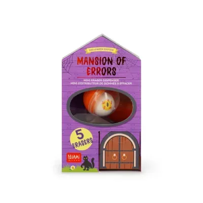 Embalagem roxa em forma de casa com cinco borrachas mini dispensadoras e texto Halloween Edition Mansion of Errors