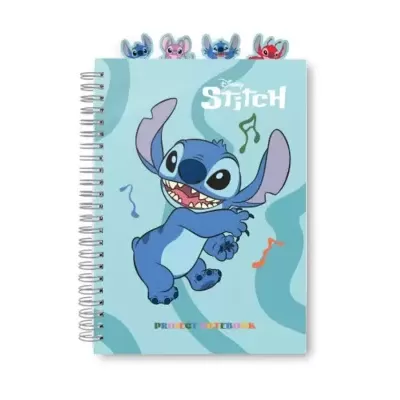 Caderno azul claro com Stitch da Disney e clipes temáticos no topo