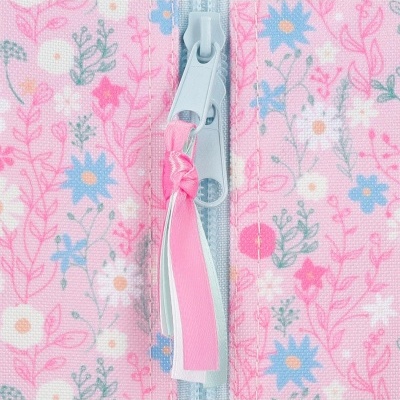 Fecho éclair cinzento com puxador de tecido rosa em padrão floral cor-de-rosa