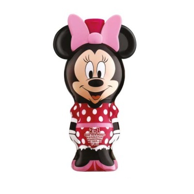 Frasco de champô infantil 2 em 1 em forma da personagem Minnie Mouse com vestido vermelho e laço rosa