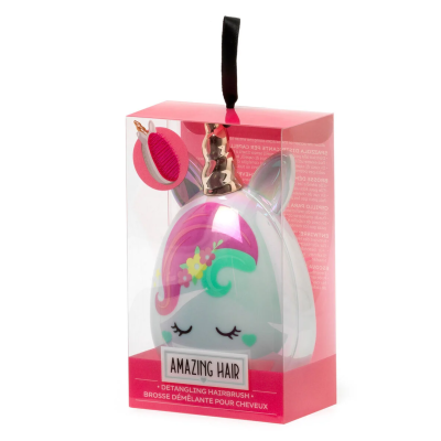 Escova desembaraçadora de cabelo em forma de unicórnio na embalagem