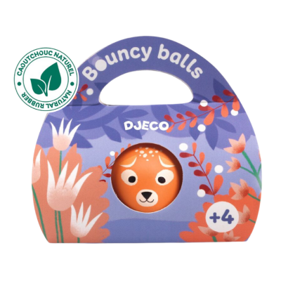 embalagem roxa com bola saltitante laranja e flores cor-de-rosa