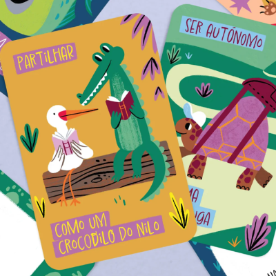 Cartas ilustradas com animais e texto em português sobre comportamento e valores.