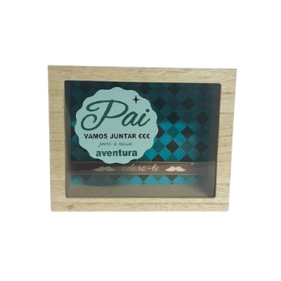 Moldura de madeira com decoração azul e texto para pai em português.