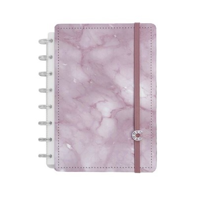 Caderno rosa marmoreado com elástico e argolas transparentes