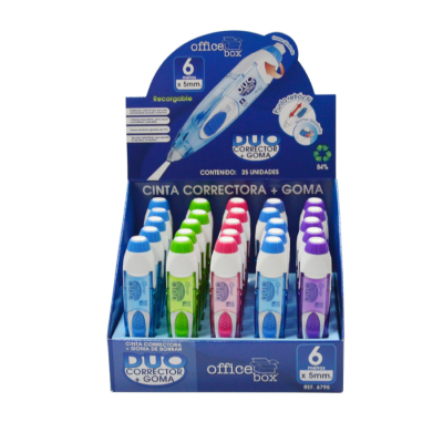 Corretores Duo corrector e goma em expositor azul com 25 unidades nas cores azul, verde, vermelho e roxo