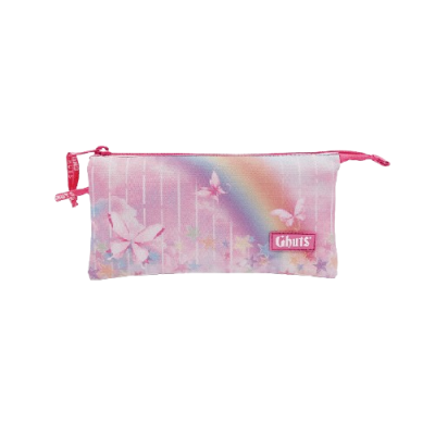 Estojo rosa com padrão de borboletas, arco-íris e estrelas