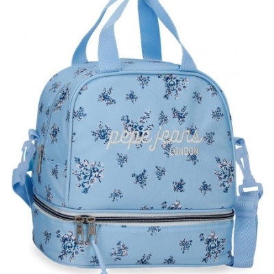 Mala azul claro com padrão floral azul e branco e inscrição pepe jeans LONDON