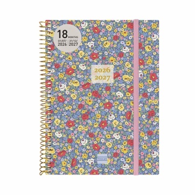 Agenda anual com padrão floral colorido, elástico rosa e espiral dourada