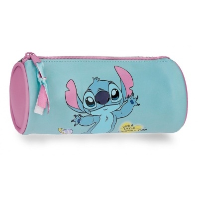 Estojo escolar cilíndrico azul com ilustração Stitch e texto em inglês