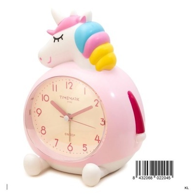 Relógio de mesa unicórnio cor-de-rosa com mostrador creme e cores na crina