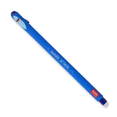 Caneta azul com desenho de tubarão e texto SHARK ATTACK