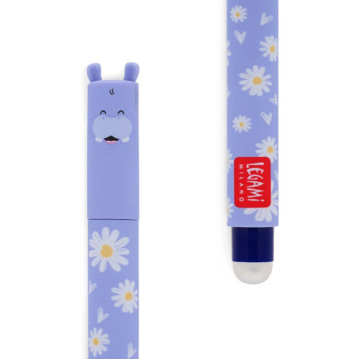 Caneta azul decorada com flores, tampa com rosto de animal, etiqueta LEGAMI MILANO