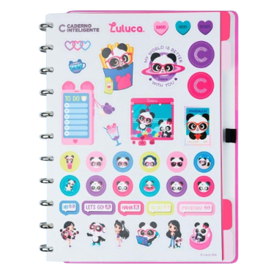 Caderno com autocolantes de pandas e texto em inglês sobre fundo branco e detalhes cor-de-rosa