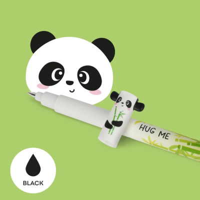 Caneta branca com tampa com panda, texto 'HUG ME', fundo verde claro, selo preto 'BLACK'.