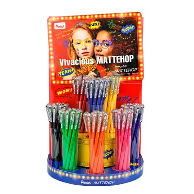 Canetas esferográficas coloridas Pentel Vivacious MATTEHOP em expositor redondo azul.